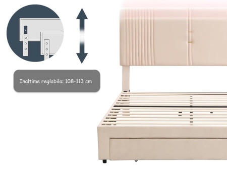 PARC205 - Pat tapitat cu LED si USB, 140 / 160 x 200 cm, cu Sertar - Gri - Img 8