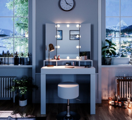 SEA339 - Set Masa alba toaleta moderna, 90 cm, cosmetica machiaj oglinda masuta vanity cu oglinda cu LED sau fara LED