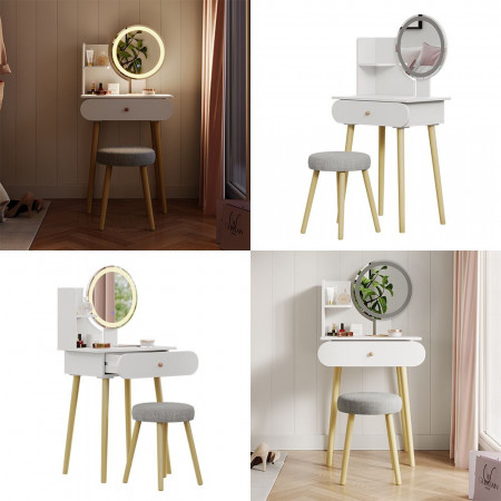 SEA448 - Set Masa toaleta 60 cm cosmetica machiaj, oglinda cu LED, masuta vanity - Alb - Img 6