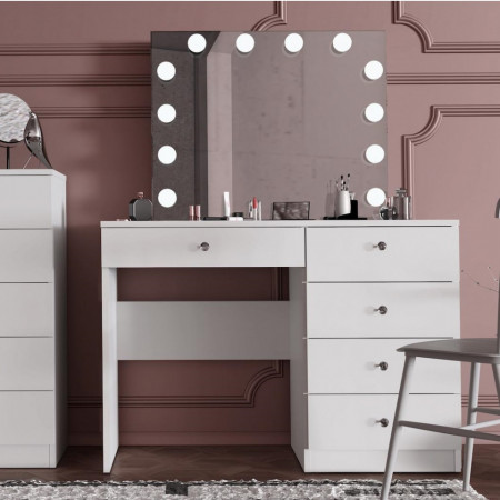 SEA533 - Set Masa toaleta, 110 cm, cu manere tip Cristal, masuta cosmetica machiaj, vanity cu sau fara scaun, oglinda cu LED-uri - Alb