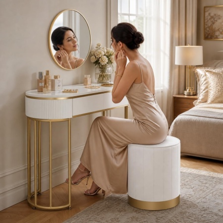 SEA74 - Set Masa toaleta, 100 cm, cosmetica, masa machiaj cu oglinda, cu scaun, masuta vanity - Alb-Auriu - Img 2