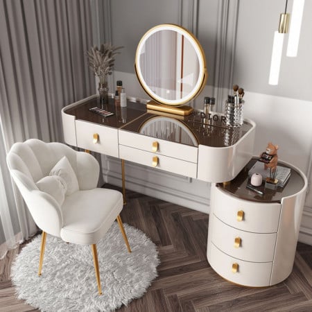 SEA87 - Set Masa toaleta, 100 cm, cosmetica, masa machiaj cu oglinda LED si scaun, masuta vanity - Alb