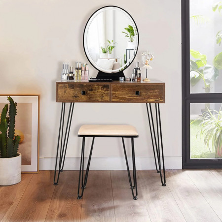 SEM11 - Set Masa toaleta, 80 cm, cosmetica machiaj oglinda cu LED, masuta makeup cu scaun tapitat - Maro-Negru