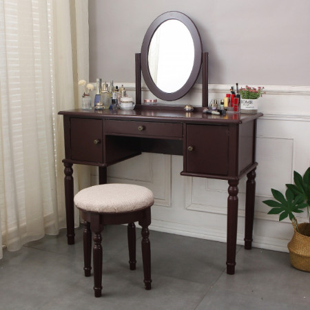 SEM18 - Set Masa toaleta, 105 cm, cosmetica machiaj, masuta makeup cu oglinda si cu scaun tapitat - Maro