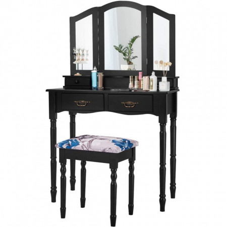 SEN108 - Set Masa neagra toaleta cu 4 sertare, 75 cm, cosmetica machiaj oglinda masuta