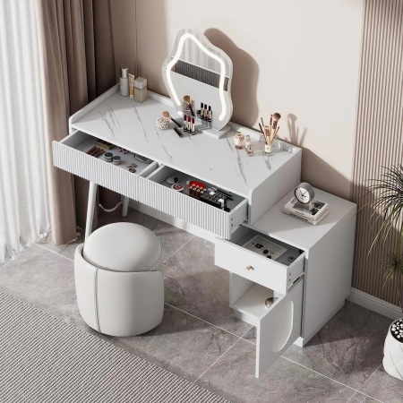 Set Masa toaleta alba, 100 cm cosmetica machiaj, oglinda cu LED, masuta vanity cu Riflaj - SEA490 - Img 2