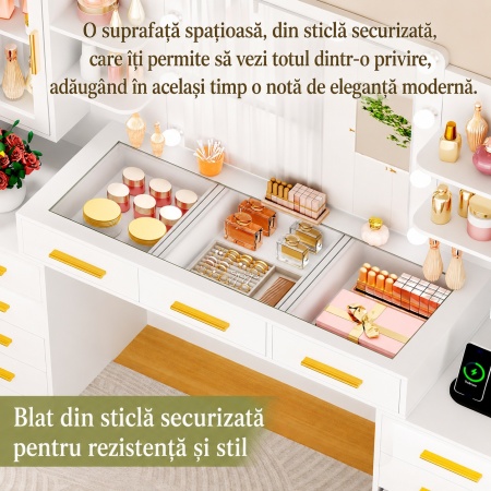 Set Masa toaleta alba 160 cm, cu Priza si USB, cosmetica, machiaj, oglinda cu LED, masuta vanity cu Blat de Sticla, make-up - SEA437 - Img 7