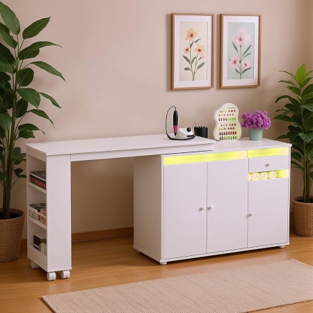 Birou, Masuta manichiura pentru Colt Alba / Neagra, 135 x 114 cm, LED, masa cosmetica pentru salon cu Rafturi deschise si Roti - MANIA217 - Img 7