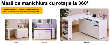 Birou, Masuta manichiura pentru Colt Alba / Neagra, 135 x 114 cm, LED, masa cosmetica pentru salon cu Rafturi deschise si Roti - MANIA217 - Img 9