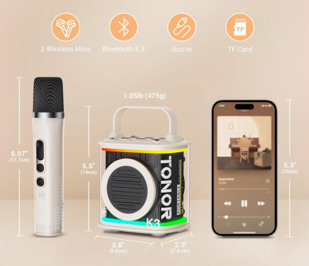 CADC14 - Set Sistem Mini Karaoke si 2 Mini Microfoane, Jucarii copii, Cadou pentru Craciun, Petreceri in familie - Bej - Img 5