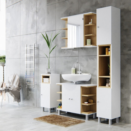 LILI201 - Mobilier Baie LILI: masca chiuveta, dulap oglinda, comoda ingusta, dulap inalt - Alb