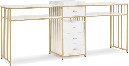 MANIAU206 - Masuta manichiura dubla, birou dublu, 200 cm, masa cosmetica pentru salon - Alb imitatie de marmura - Auriu - Img 10