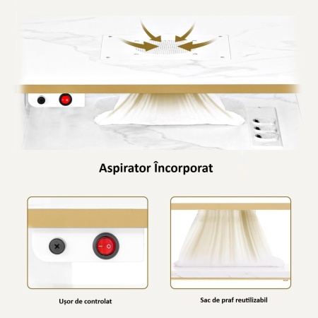 MANIAU208 - Masuta manichiura, 112 cm, cu Aspirator Incorporat cu 2 Saci, 3x Prize, masa cosmetica - Alb cu Imitatie de marmura - Auriu - Img 6