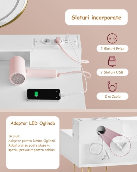 Masuta machiaj alba cu Oglinda LED si 2 Sertare pentru Cosmetice, Set Masa toaleta 80 cm sau 100 cm, masuta cosmetica cu Riflaj, vanity - SEA801 - Img 4