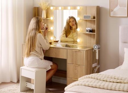 Masuta machiaj Alba sau Maro cu Oglinda LED si 7 Sertare pentru Cosmetice, Set Masa toaleta 120 cm, cu 2 Prize, USB si USB-C, masuta cosmetica, vanity cu Riflaj si Rafturi - SEM25 - Img 11