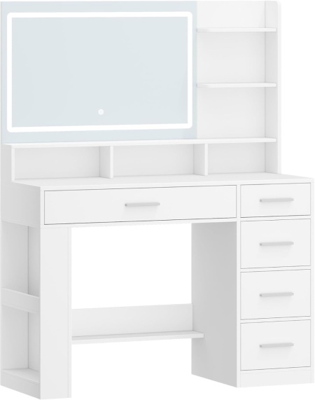 Masuta machiaj cu Oglinda HD LED si 5 Sertare pentru Cosmetice, Set Masa toaleta 108 cm, Alb, masuta cosmetica, vanity - SEA13 - Img 2