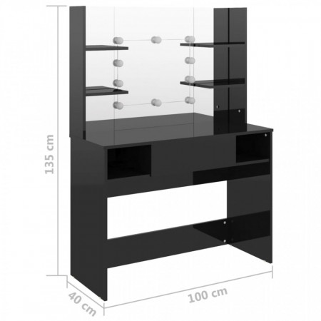 Masuta machiaj cu Oglinda LED si 1 Sertar pentru Cosmetice, Set Masa toaleta 100 cm, Negru, masuta cosmetica, vanity - SEN705 - Img 3