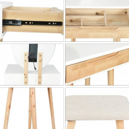 Masuta machiaj cu Oglinda LED si 1 Sertar pentru Cosmetice, Set Masa toaleta 60 cm, Alb, masuta cosmetica, vanity - SEM234 - Img 2