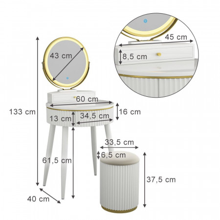 Masuta machiaj cu Oglinda LED si 1 Sertar pentru Cosmetice, Set Masa toaleta 60 cm, Alb, masuta vanity cu Riflaj, cosmetica - SEA459 - Img 6