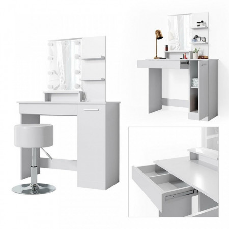 Masuta machiaj cu Oglinda LED si 1 Sertar pentru Cosmetice, Set Masa toaleta 90 cm, Alb, masuta cosmetica, vanity - SEA267 - Img 3