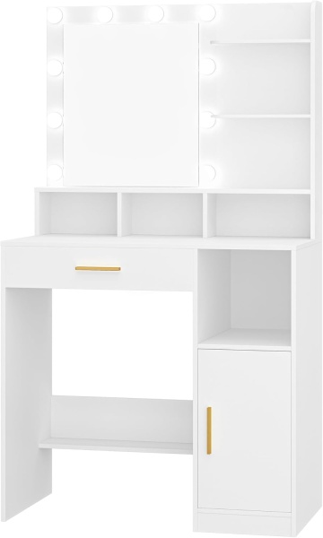 Masuta machiaj cu Oglinda LED si 1 Sertar pentru Cosmetice, Set Masa toaleta 80 cm, Alb / Negru / Gri, masuta cosmetica, vanity - SEG19 - Img 3