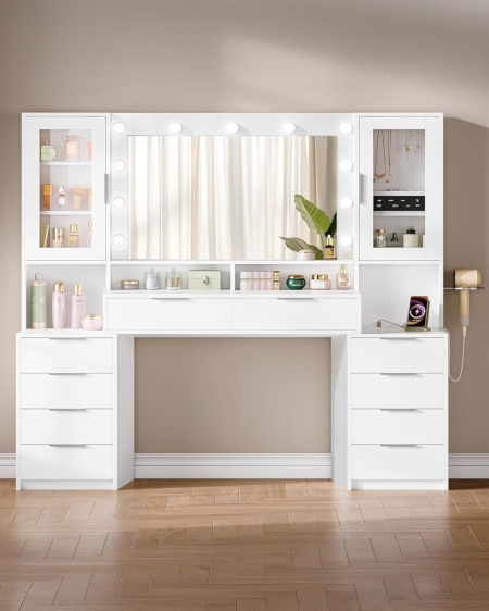 Masuta machiaj cu Oglinda LED si 10 Sertare pentru Cosmetice, Set Masa toaleta 150 cm, Alb, masuta cosmetica cu Priza si USB, vanity cu Suport Uscator de Par si Dulapior Bijuterii - SEA10 - Img 2