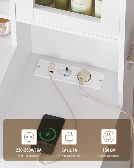 Masuta machiaj cu Oglinda LED si 10 Sertare pentru Cosmetice, Set Masa toaleta 150 cm, Alb, masuta cosmetica cu Priza si USB, vanity cu Suport Uscator de Par si Dulapior Bijuterii - SEA10 - Img 11