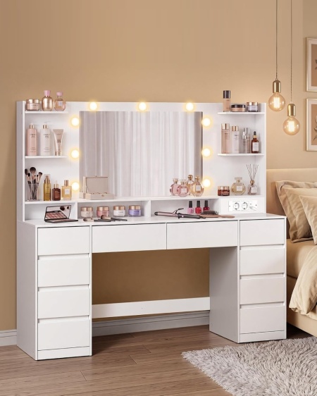 Masuta machiaj cu Oglinda LED si 10 Sertare si Rafturi pentru Cosmetice, Set Masa toaleta 137 cm, Alb, masuta cosmetica, vanity - SEA22 - Img 4