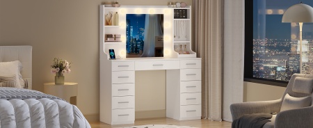 Masuta machiaj cu Oglinda LED si 11 Sertare pentru Cosmetice, Set Masa toaleta 108 cm, Alb, masuta cosmetica, vanity - SEA9 - Img 7