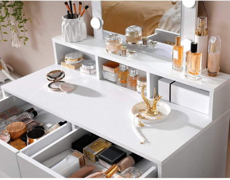 Masuta machiaj cu Oglinda LED si 2 Sertare pentru Cosmetice, Set Masa toaleta 80 cm, Alb, masuta cosmetica, vanity - SEA347 - Img 3