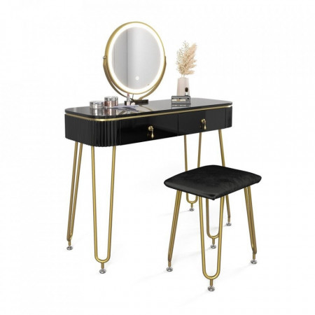 Masuta machiaj cu Oglinda LED si 2 Sertare pentru Cosmetice, Set Masa toaleta 100 cm, Negru, masuta cosmetica, vanity - SEN237 - Img 3