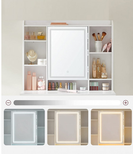 Masuta machiaj cu Oglinda LED si 2 Sertare pentru Cosmetice, Set Masa toaleta 90 cm, Alb, masuta cosmetica, vanity cu sau fara Priza, cu sau fara Scaun - SEA81 - Img 2