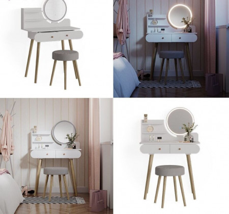 Masuta machiaj cu Oglinda LED si 2 Sertare pentru Cosmetice, Set Masa toaleta 80 cm, Alb, masuta cosmetica, vanity - SEA416 - Img 2