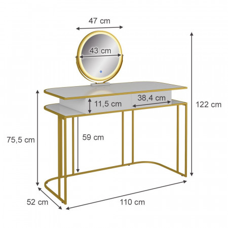 Masuta machiaj cu Oglinda LED si 2 Sertare pentru Cosmetice, Set Masa toaleta 110 cm, Alb, masuta cosmetica, vanity - SEA904 - Img 2
