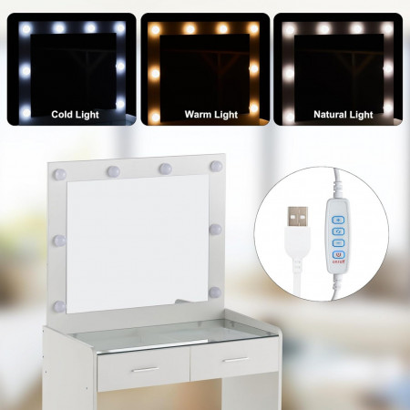 Masuta machiaj cu Oglinda LED si 2 Sertare pentru Cosmetice, Set Masa toaleta 80 cm, Alb, masuta cosmetica, vanity - SEA905 - Img 6