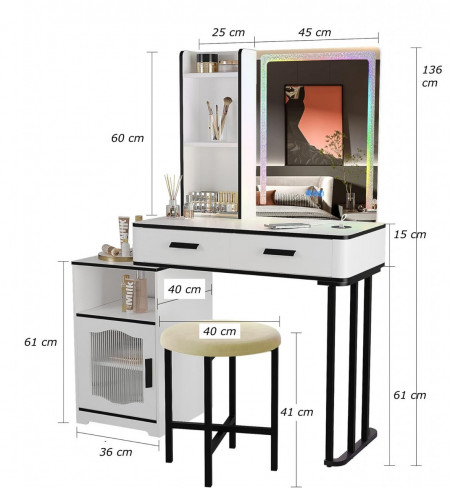 Masuta machiaj cu Oglinda LED si 2 Sertare pentru Cosmetice, Set Masa toaleta 80 cm, Alb, masuta cosmetica, vanity - SEA472 - Img 2
