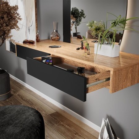 Masuta machiaj cu Oglinda LED si 2 Sertare pentru Cosmetice, Set Masa toaleta 120 cm, Negru, masuta vanity cu Riflaj, cosmetica- SEM242 - Img 4