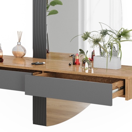 Masuta machiaj cu Oglinda LED si 2 Sertare pentru Cosmetice, Set Masa toaleta 120 cm, Gri, masuta vanity cu Riflaj, cosmetica- SEM243 - Img 5