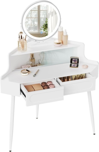 Masuta machiaj cu Oglinda LED si 2 Sertare pentru Cosmetice, Set Masa toaleta 90 cm, Alb, masuta cosmetica, vanity - SEA493 - Img 5