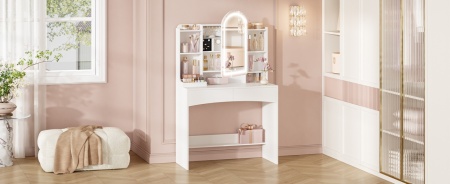 Masuta machiaj cu Oglinda LED si 2 Sertare pentru Cosmetice, Set Masa toaleta 90 cm, Alb, masuta cosmetica, vanity - SEA910 - Img 2