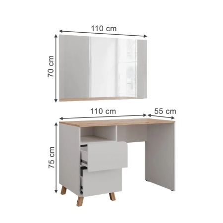 Masuta machiaj cu Oglinda LED si 2 Sertare pentru Cosmetice, Set Masa toaleta 110 cm, Alb, masuta cosmetica, vanity - SEA913 - Img 5