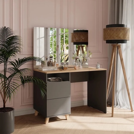 Masuta machiaj cu Oglinda LED si 2 Sertare pentru Cosmetice, Set Masa toaleta 110 cm, Gri, masuta cosmetica, vanity - SEG18 - Img 8