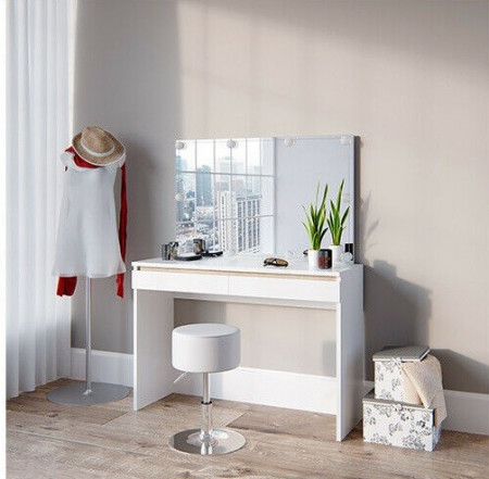 Masuta machiaj cu Oglinda LED si 2 Sertare pentru Cosmetice, Set Masa toaleta 120 cm, Alb, masuta cosmetica, vanity - SEA264 - Img 2