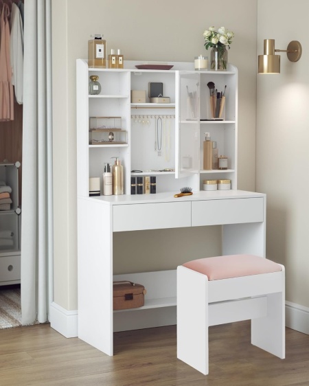 Masuta machiaj cu Oglinda LED si 2 Sertare pentru Cosmetice, Set Masa toaleta 90 cm, Alb, masuta cosmetica, vanity cu sau fara Priza, cu sau fara Scaun - SEA81 - Img 6