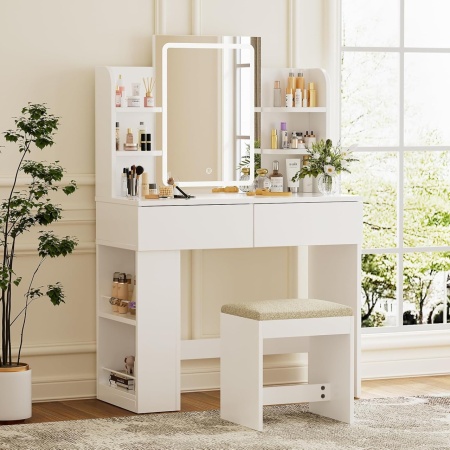 Masuta machiaj cu Oglinda LED si 2 Sertare pentru Cosmetice, Set Masa toaleta 90 cm, Alb / Negru / Roz, masuta cosmetica, vanity - SER203 - Img 2