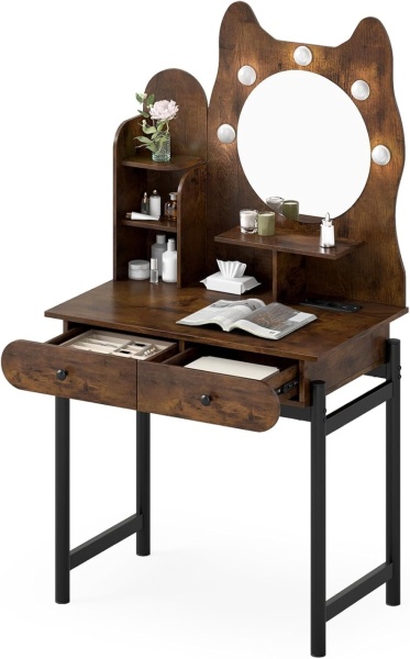 Masuta machiaj cu Oglinda LED si 2 Sertare pentru Cosmetice, Set Masa toaleta 80 cm, Alb / Maro, masuta cosmetica, vanity - SEA834 - Img 2