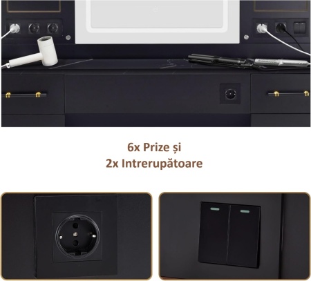 Masuta machiaj cu Oglinda LED si 2 Sertare pentru Cosmetice, Set Masa toaleta 150 cm, Negru / Maro, masuta cosmetica, vanity - SEN259 - Img 5