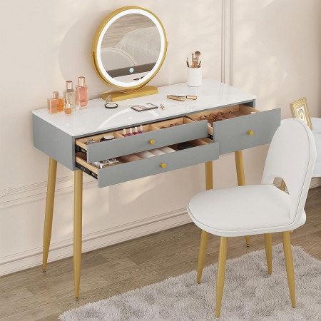 Masuta machiaj cu Oglinda LED si 3 Sertare pentru Cosmetice, Set Masa toaleta 100 cm, Alb, masuta cosmetica, vanity - SEG212 - Img 8