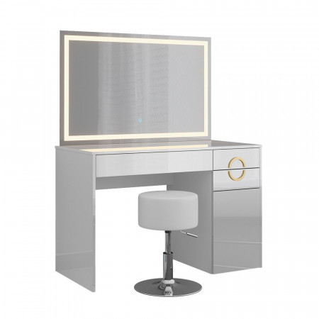 Masuta machiaj cu Oglinda LED si 3 Sertare pentru Cosmetice, Set Masa toaleta 115 cm, Alb Lucios, masuta cosmetica, vanity - SEA442 - Img 5