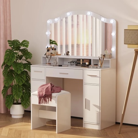 Masuta machiaj cu Oglinda LED si 3 Sertare pentru Cosmetice, Set Masa toaleta 110 cm, Alb, masuta cosmetica, vanity - SEA809 - Img 4